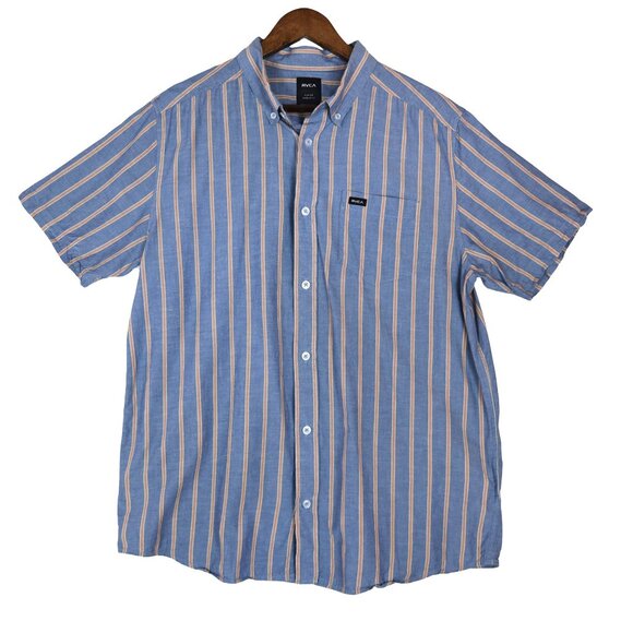 RVCA Blue Stripe Button-Up Shirt Men’s L Coastal Preppy Surfcore Pocket - Picture 2 of 7
